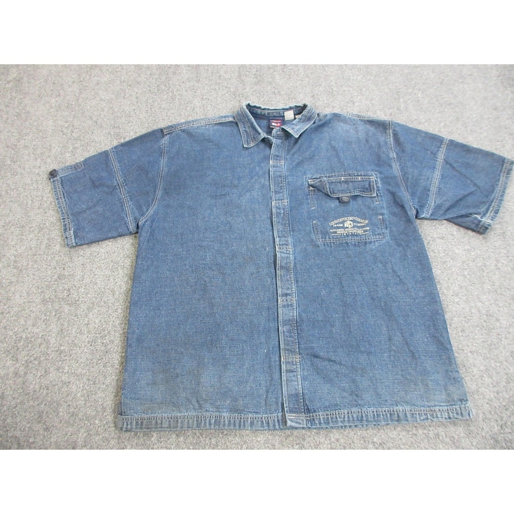 VINTAGE Southpole Denim Shirt Mens XL Blue Short Sleeve Button Up Streetwear Y2K